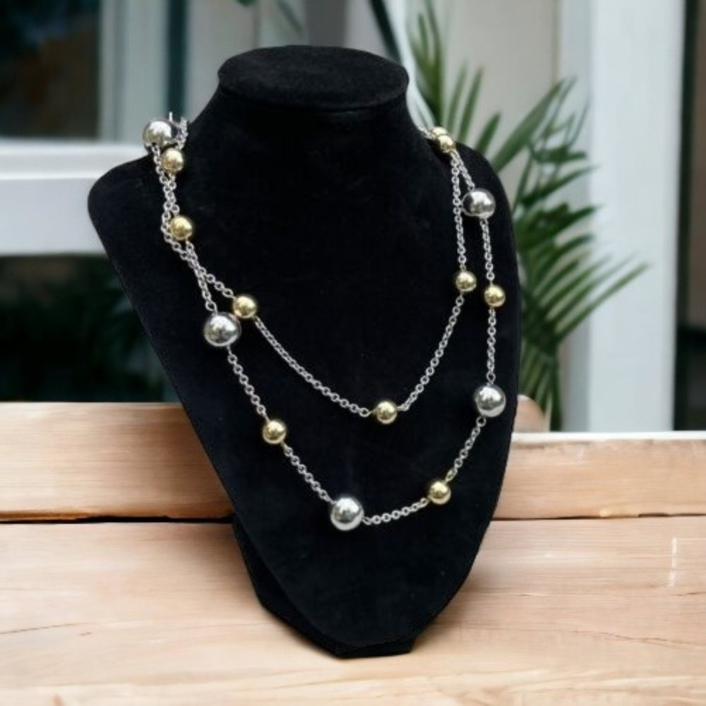 Talbots Double Strand Gold/Silver Tone Ball Bead Statement Necklace